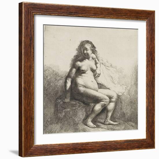 Femme nue assise sur une butte-Rembrandt van Rijn-Framed Giclee Print