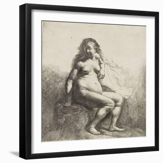 Femme nue assise sur une butte-Rembrandt van Rijn-Framed Giclee Print