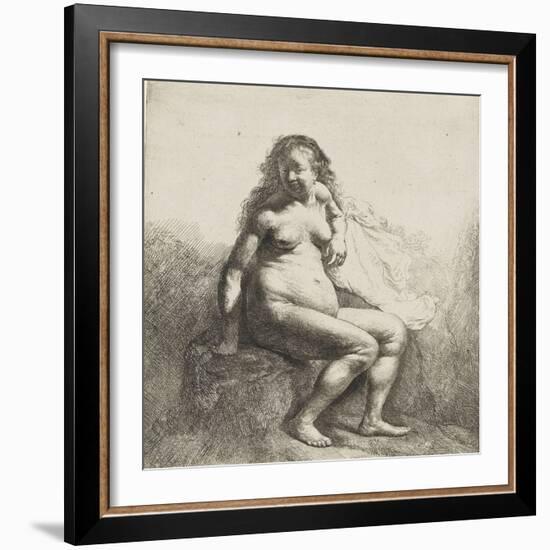 Femme nue assise sur une butte-Rembrandt van Rijn-Framed Giclee Print