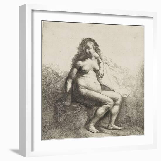 Femme nue assise sur une butte-Rembrandt van Rijn-Framed Giclee Print
