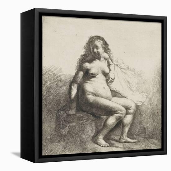 Femme nue assise sur une butte-Rembrandt van Rijn-Framed Premier Image Canvas