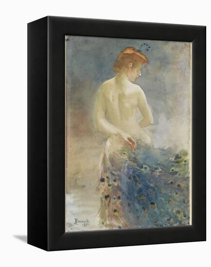 Femme nue, de dos, avec une queue de paon, la tête de profil à droite-Albert Besnard-Framed Premier Image Canvas