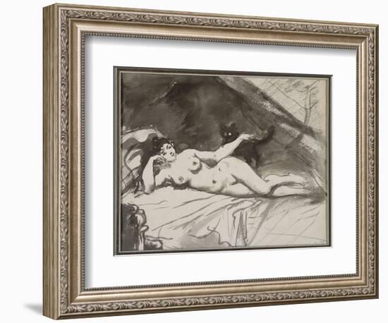 Femme nue, étendue sur un lit, la femme au chat-Edouard Manet-Framed Giclee Print