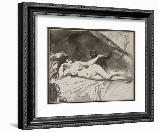 Femme nue, étendue sur un lit, la femme au chat-Edouard Manet-Framed Giclee Print