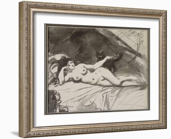 Femme nue, étendue sur un lit, la femme au chat-Edouard Manet-Framed Giclee Print