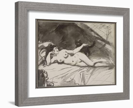 Femme nue, étendue sur un lit, la femme au chat-Edouard Manet-Framed Giclee Print