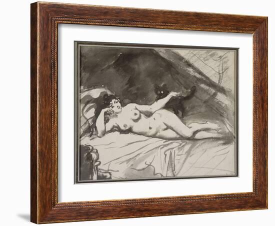 Femme nue, étendue sur un lit, la femme au chat-Edouard Manet-Framed Giclee Print