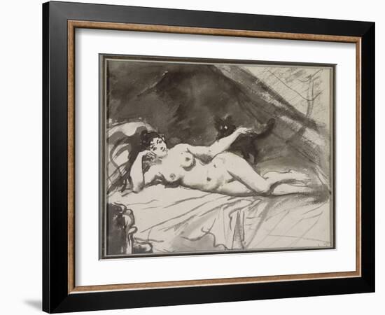 Femme nue, étendue sur un lit, la femme au chat-Edouard Manet-Framed Giclee Print