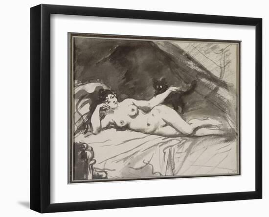 Femme nue, étendue sur un lit, la femme au chat-Edouard Manet-Framed Giclee Print