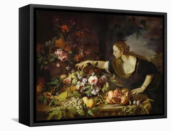 Femme prenant des fruits-a woman taking fruit. Perhaps allegory for a season, 1669.-Abraham Brueghel-Framed Premier Image Canvas