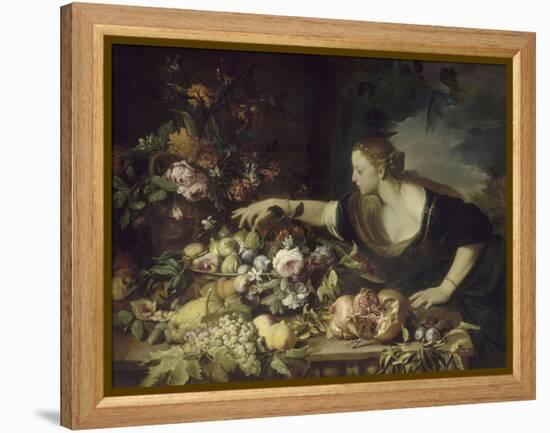 Femme prenant des fruits-Pier Francesco Mola-Framed Premier Image Canvas