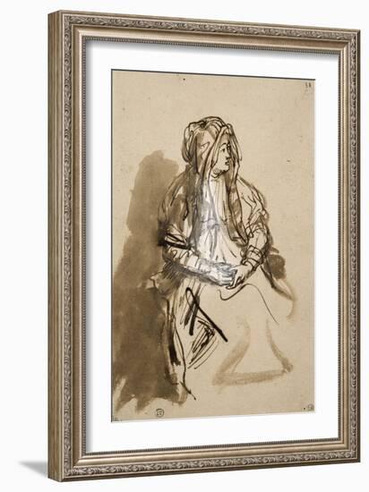 Femme (Saskia ?) assise, les mains sur les genoux, coiffée d'un long voile-Rembrandt van Rijn-Framed Giclee Print