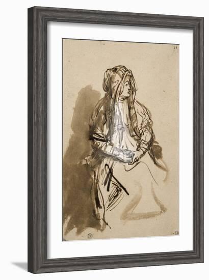 Femme (Saskia ?) assise, les mains sur les genoux, coiffée d'un long voile-Rembrandt van Rijn-Framed Giclee Print