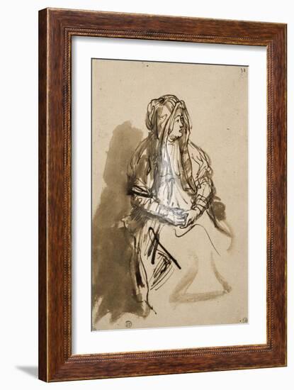 Femme (Saskia ?) assise, les mains sur les genoux, coiffée d'un long voile-Rembrandt van Rijn-Framed Giclee Print