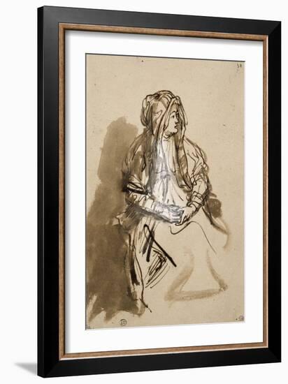 Femme (Saskia ?) assise, les mains sur les genoux, coiffée d'un long voile-Rembrandt van Rijn-Framed Giclee Print