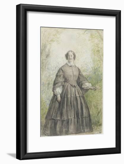 Femme vêtue d'une robe à crinoline grise, devant un bosquet-Georges Rouget-Framed Giclee Print