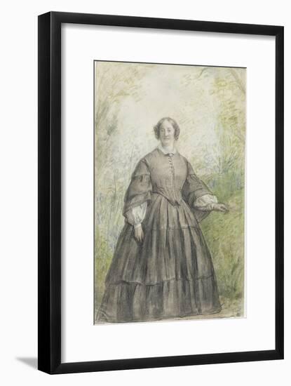 Femme vêtue d'une robe à crinoline grise, devant un bosquet-Georges Rouget-Framed Giclee Print