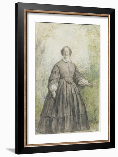Femme vêtue d'une robe à crinoline grise, devant un bosquet-Georges Rouget-Framed Giclee Print