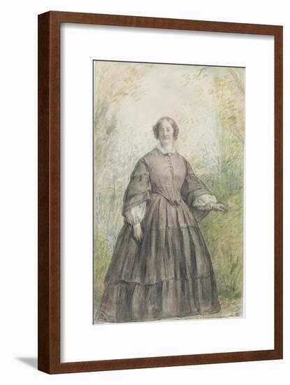 Femme vêtue d'une robe à crinoline grise, devant un bosquet-Georges Rouget-Framed Giclee Print