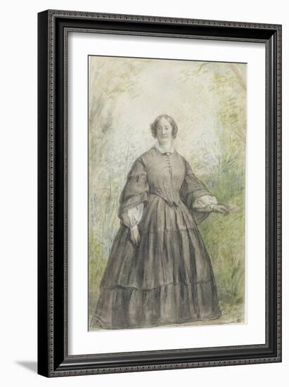 Femme vêtue d'une robe à crinoline grise, devant un bosquet-Georges Rouget-Framed Giclee Print