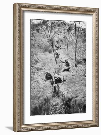 Fench Sappers in Gas Masks Re-Laying Telephone Lines after a Bombardment, 1918-null-Framed Giclee Print