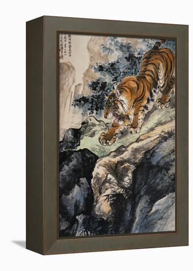 Ferocious Tiger Stalking a Mountain Path-Zhang Shanzi-Framed Premier Image Canvas