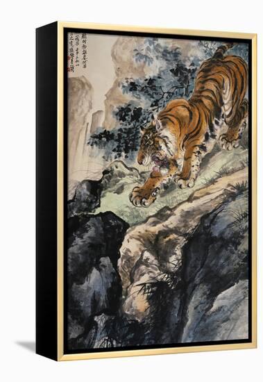 Ferocious Tiger Stalking a Mountain Path-Zhang Shanzi-Framed Premier Image Canvas