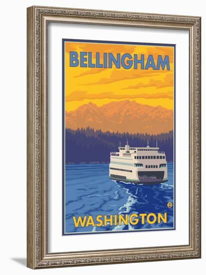 Ferry and Mountains, Bellingham, Washington-Lantern Press-Framed Art Print