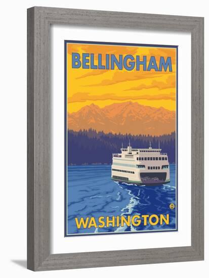 Ferry and Mountains, Bellingham, Washington-Lantern Press-Framed Art Print