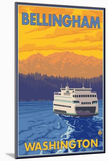 Ferry and Mountains, Bellingham, Washington-Lantern Press-Mounted Art Print