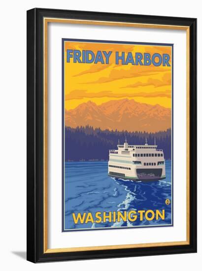 Ferry and Mountains, Friday Harbor, Washington-Lantern Press-Framed Art Print