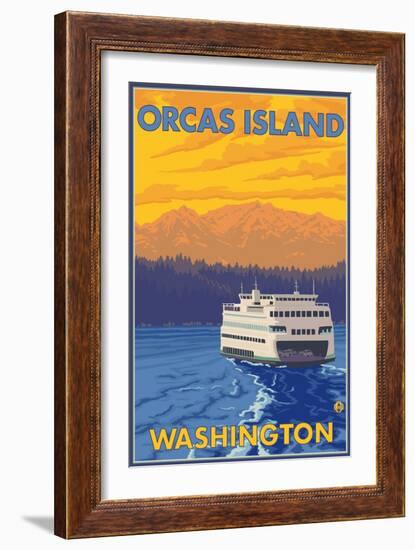 Ferry and Mountains, Orcas Island, Washington-Lantern Press-Framed Art Print