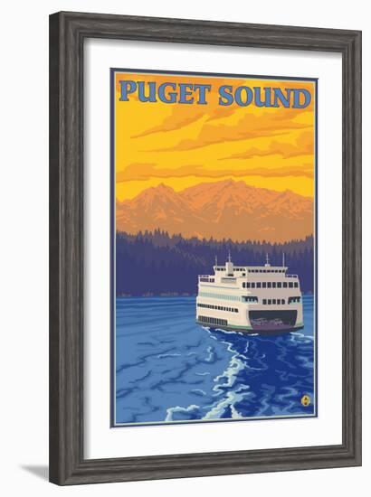 Ferry and Mountains, Puget Sound, Washington-Lantern Press-Framed Art Print