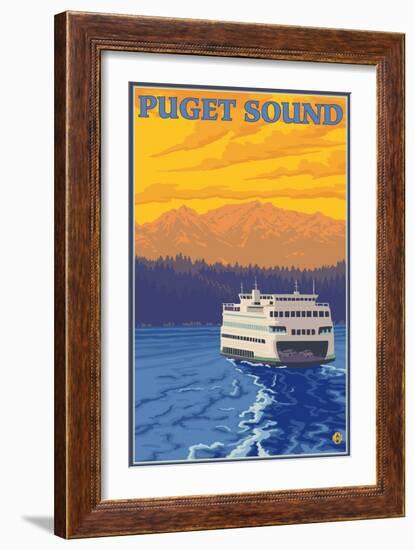 Ferry and Mountains, Puget Sound, Washington-Lantern Press-Framed Art Print