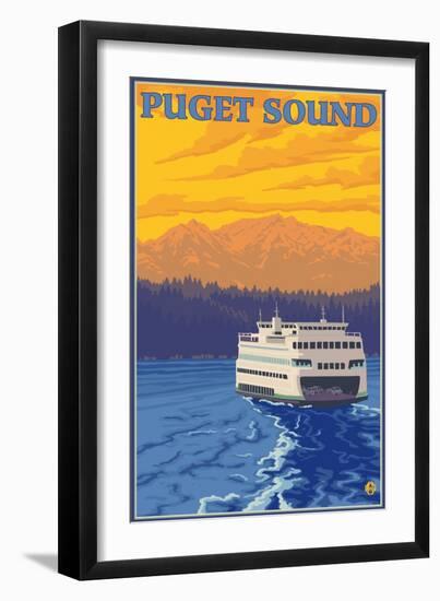 Ferry and Mountains, Puget Sound, Washington-Lantern Press-Framed Art Print