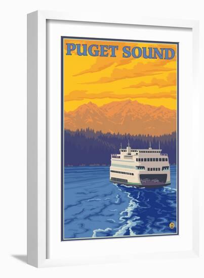 Ferry and Mountains, Puget Sound, Washington-Lantern Press-Framed Art Print