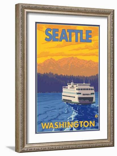 Ferry and Mountains, Seattle, Washington-Lantern Press-Framed Art Print