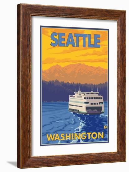 Ferry and Mountains, Seattle, Washington-Lantern Press-Framed Art Print