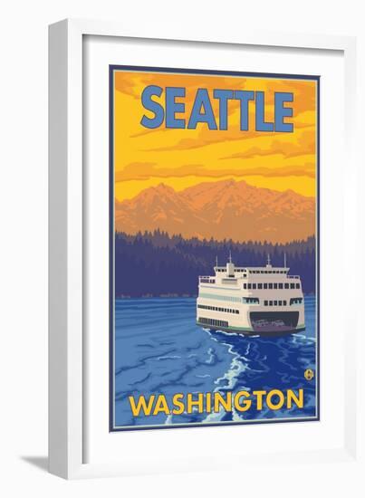 Ferry and Mountains, Seattle, Washington-Lantern Press-Framed Art Print