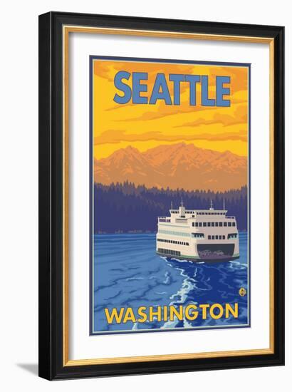 Ferry and Mountains, Seattle, Washington-Lantern Press-Framed Art Print