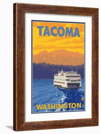 Ferry and Mountains, Tacoma, Washington-Lantern Press-Framed Art Print