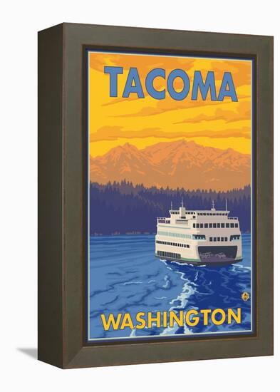 Ferry and Mountains, Tacoma, Washington-Lantern Press-Framed Stretched Canvas