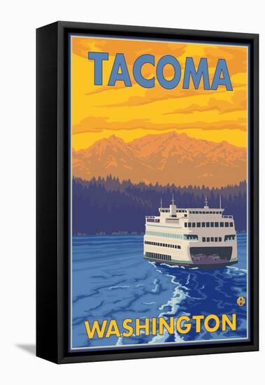 Ferry and Mountains, Tacoma, Washington-Lantern Press-Framed Stretched Canvas