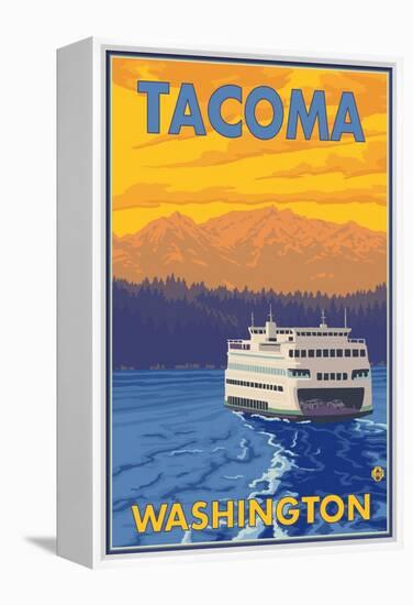 Ferry and Mountains, Tacoma, Washington-Lantern Press-Framed Stretched Canvas