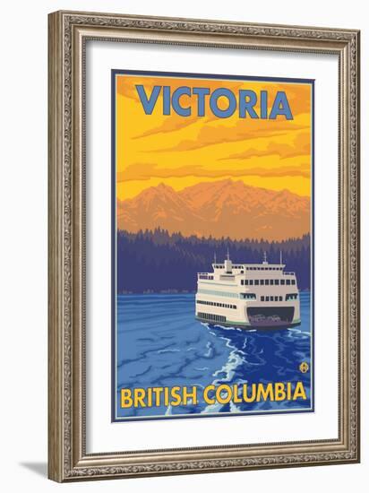 Ferry and Mountains, Victoria, BC Canada-Lantern Press-Framed Art Print