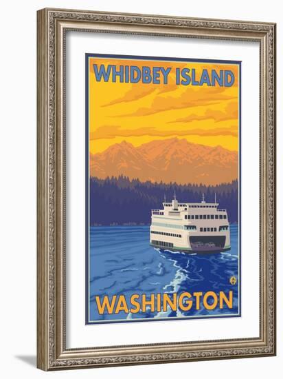 Ferry and Mountains, Whidbey Island, Washington-Lantern Press-Framed Art Print