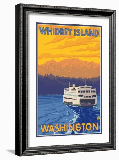Ferry and Mountains, Whidbey Island, Washington-Lantern Press-Framed Art Print
