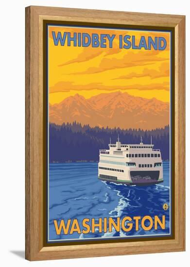 Ferry and Mountains, Whidbey Island, Washington-Lantern Press-Framed Stretched Canvas