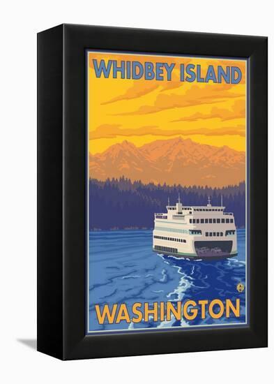 Ferry and Mountains, Whidbey Island, Washington-Lantern Press-Framed Stretched Canvas