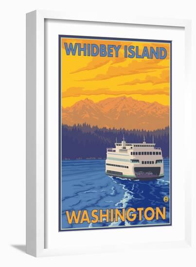 Ferry and Mountains, Whidbey Island, Washington-Lantern Press-Framed Premium Giclee Print